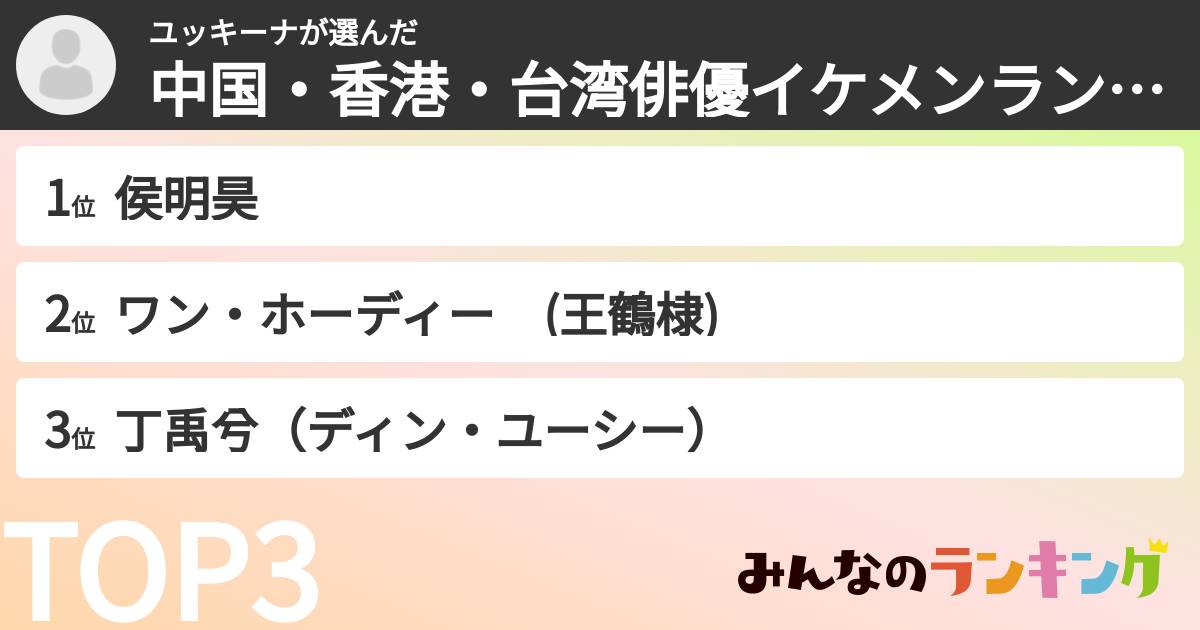 ユッキーナさんの「中国・香港・台湾俳優イケメンランキング」