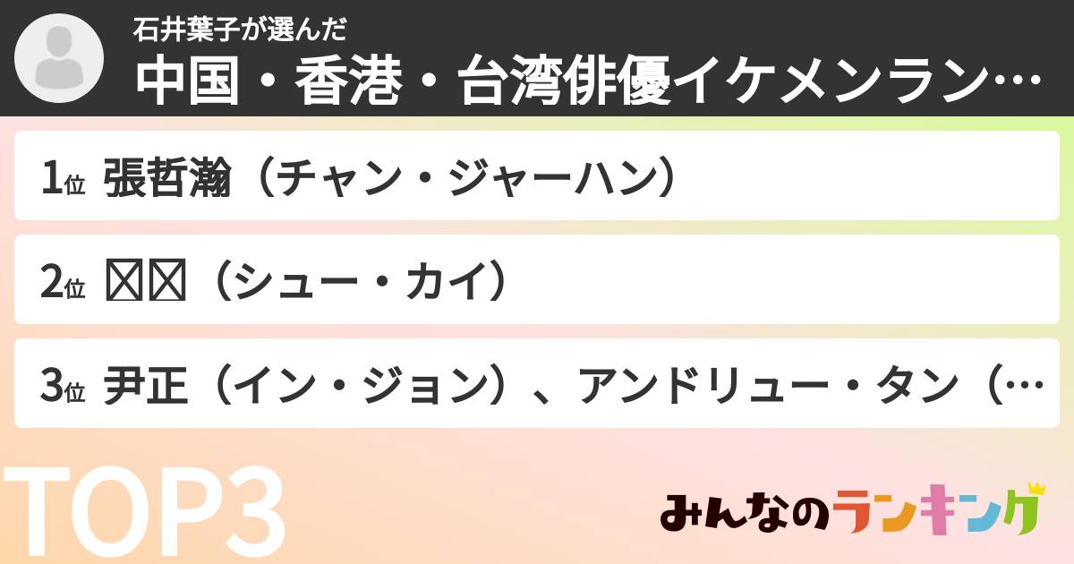 石井葉子さんの「中国・香港・台湾俳優イケメンランキング」