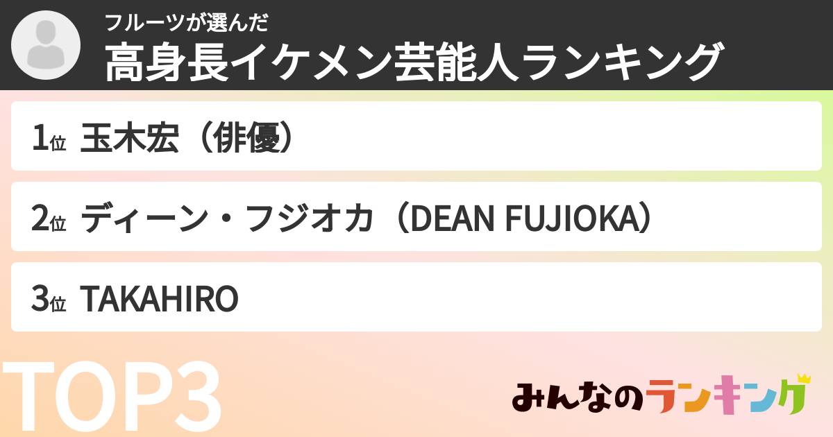 フルーツさんの「高身長イケメン芸能人ランキング」