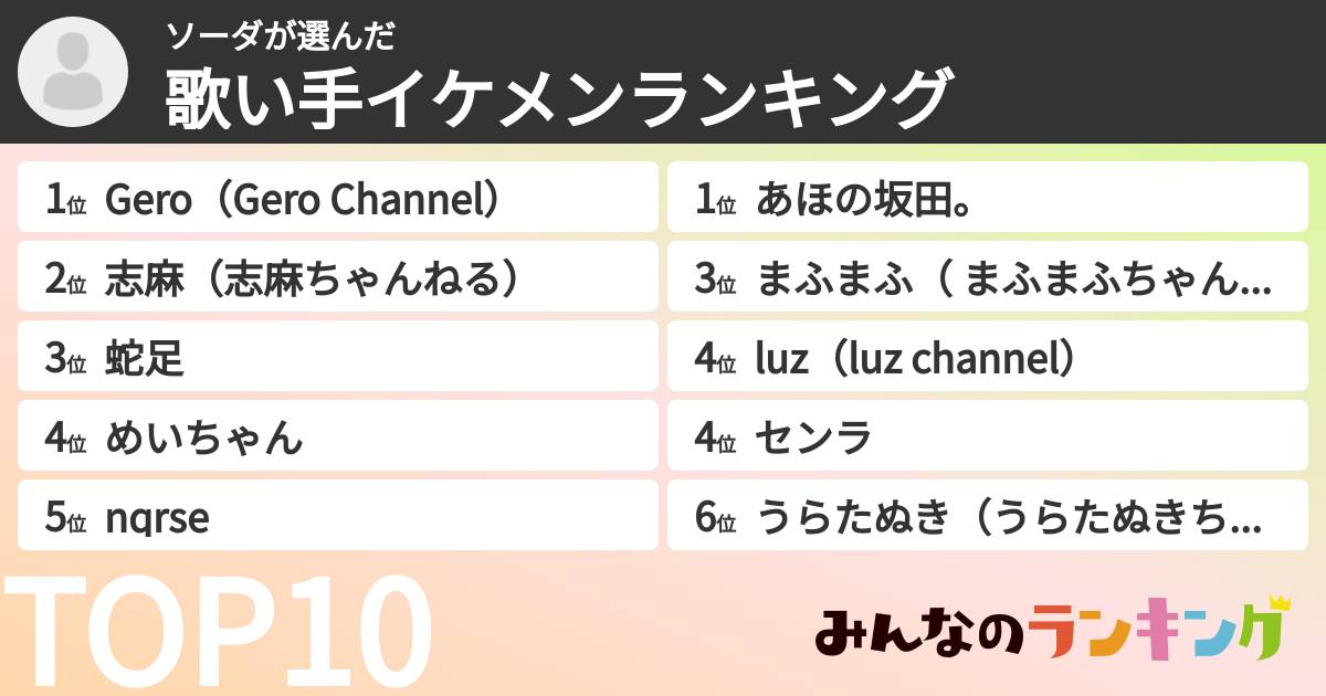 ソーダさんの「歌い手イケメンランキング」