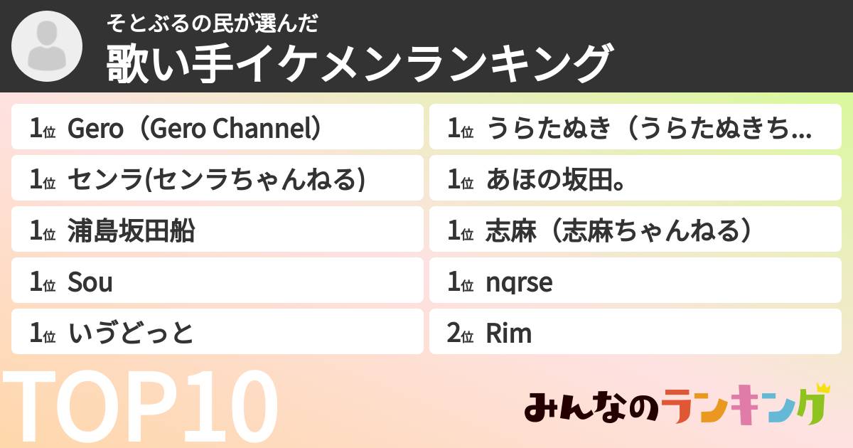 そとぶるの民さんの「歌い手イケメンランキング」