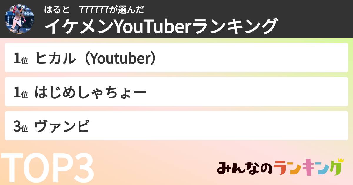 はると　777777さんの「イケメンYouTuberランキング」