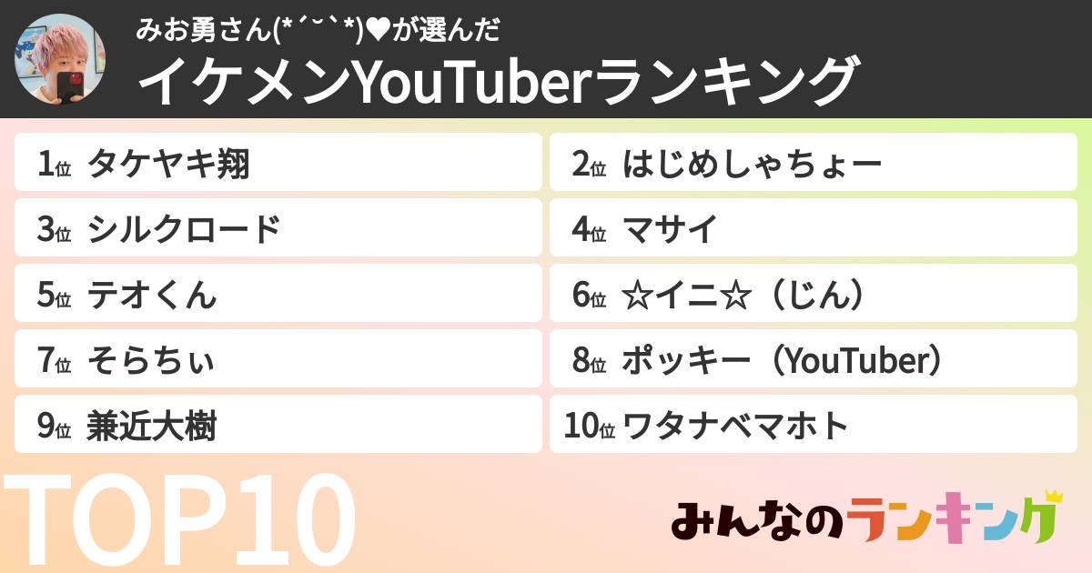 みお勇さん(*´˘`*)♥さんの「イケメンYouTuberランキング」