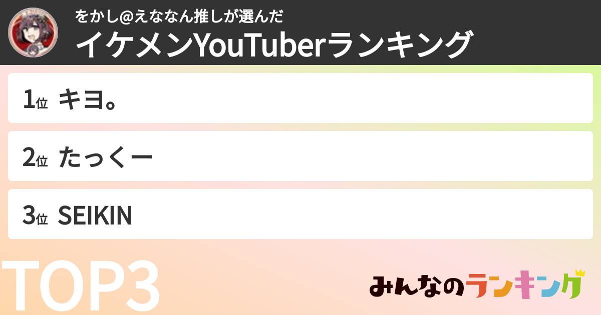 をかし@えななん推しさんの「イケメンYouTuberランキング」
