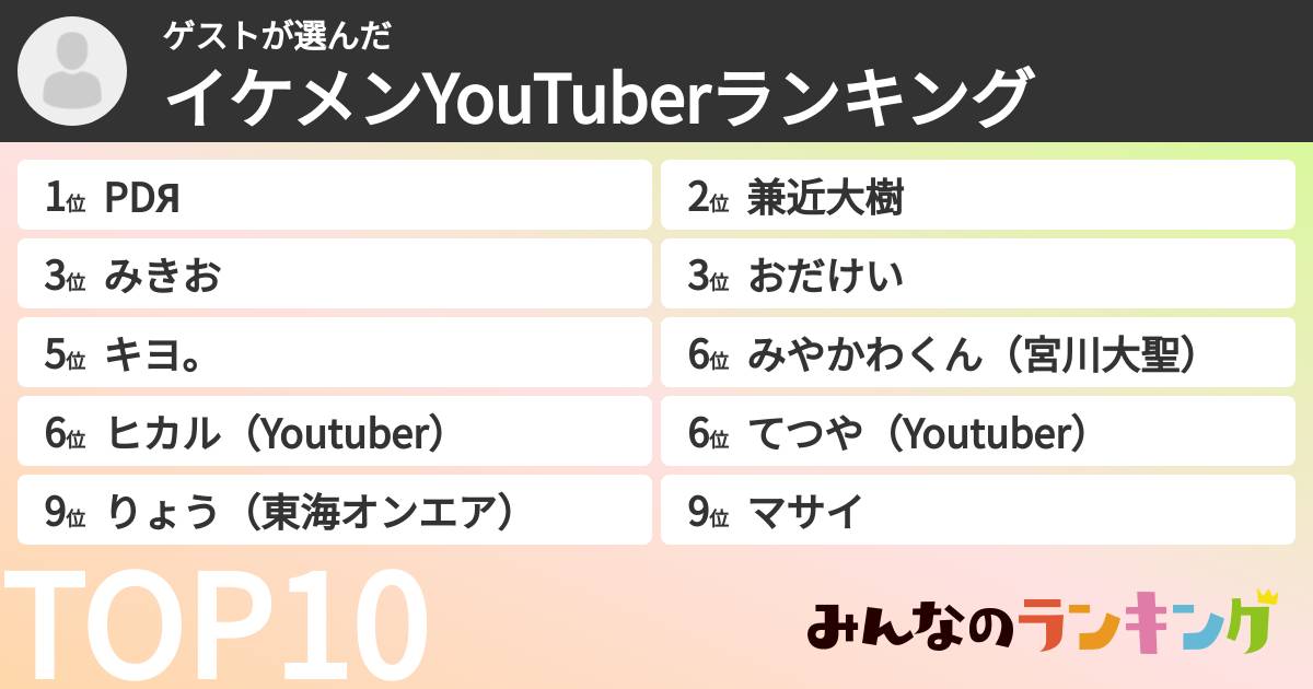 ゲストさんの「イケメンYouTuberランキング」