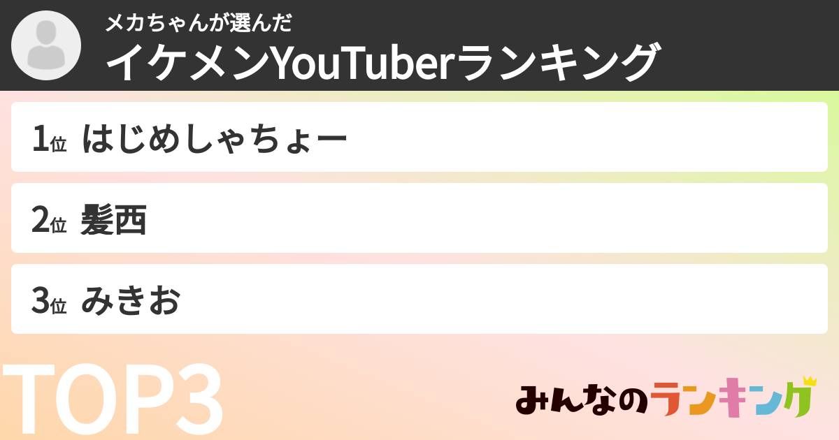 メカちゃんさんの「イケメンYouTuberランキング」