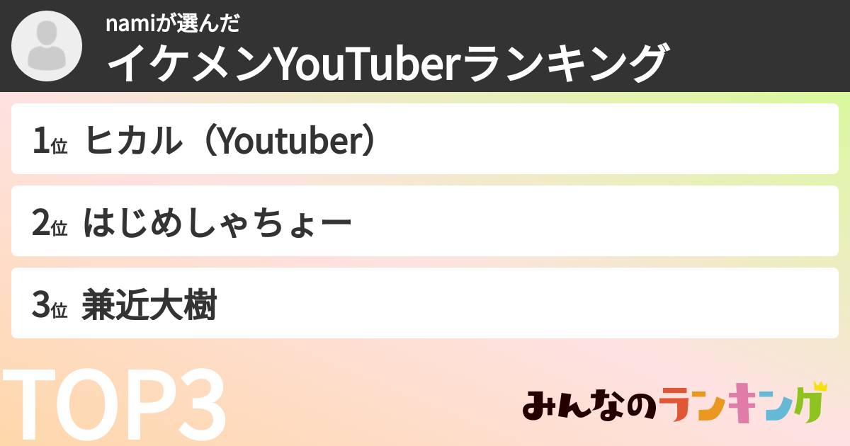 namiさんの「イケメンYouTuberランキング」