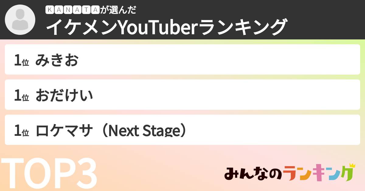🅺🅰🅽🅰🆃🅰さんの「イケメンYouTuberランキング」