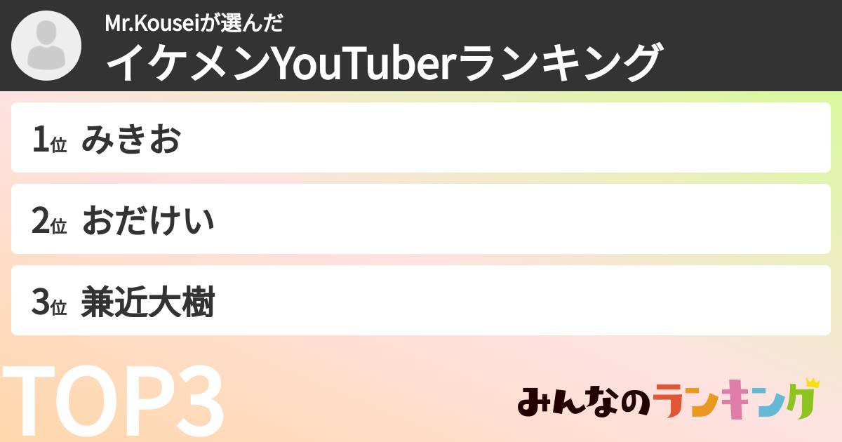 Mr.Kouseiさんの「イケメンYouTuberランキング」