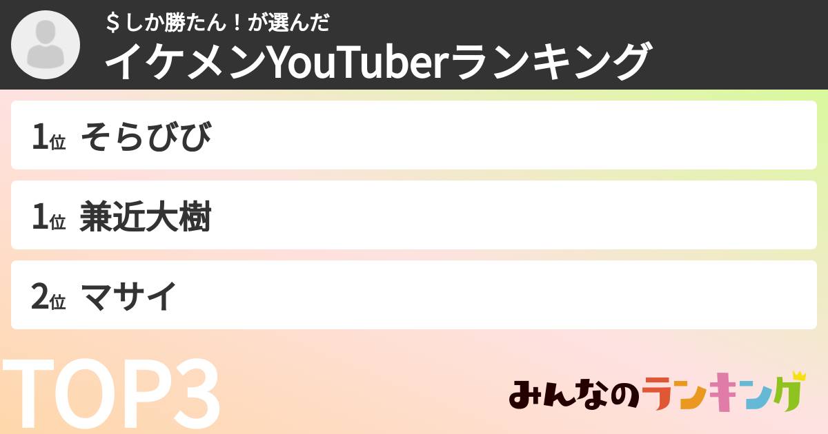 ＄しか勝たん！さんの「イケメンYouTuberランキング」