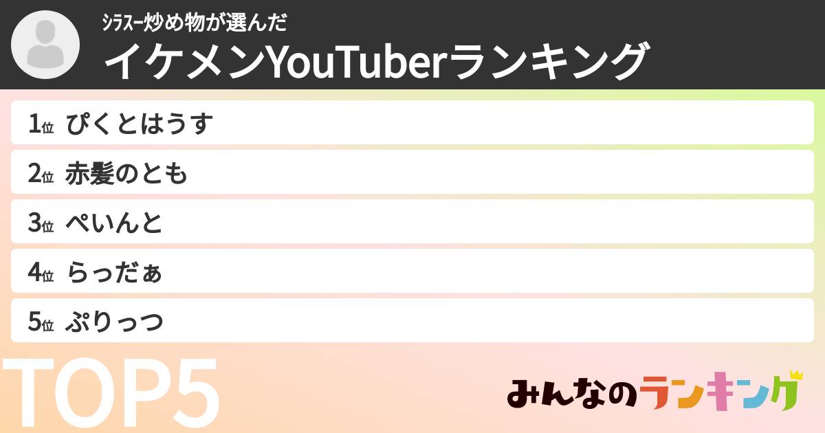 ｼﾗｽｰ炒め物さんの「イケメンYouTuberランキング」