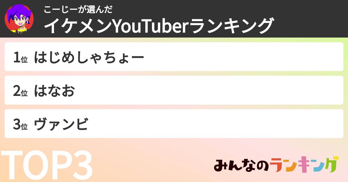 こーじーさんの「イケメンYouTuberランキング」