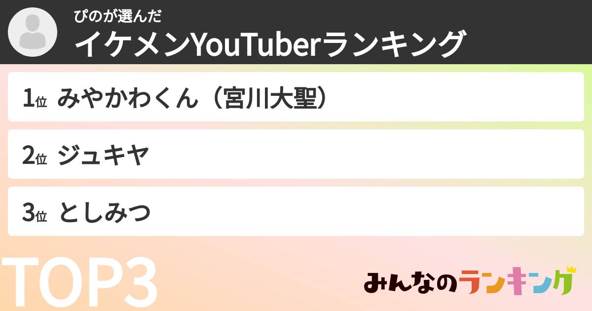 ぴのさんの「イケメンYouTuberランキング」