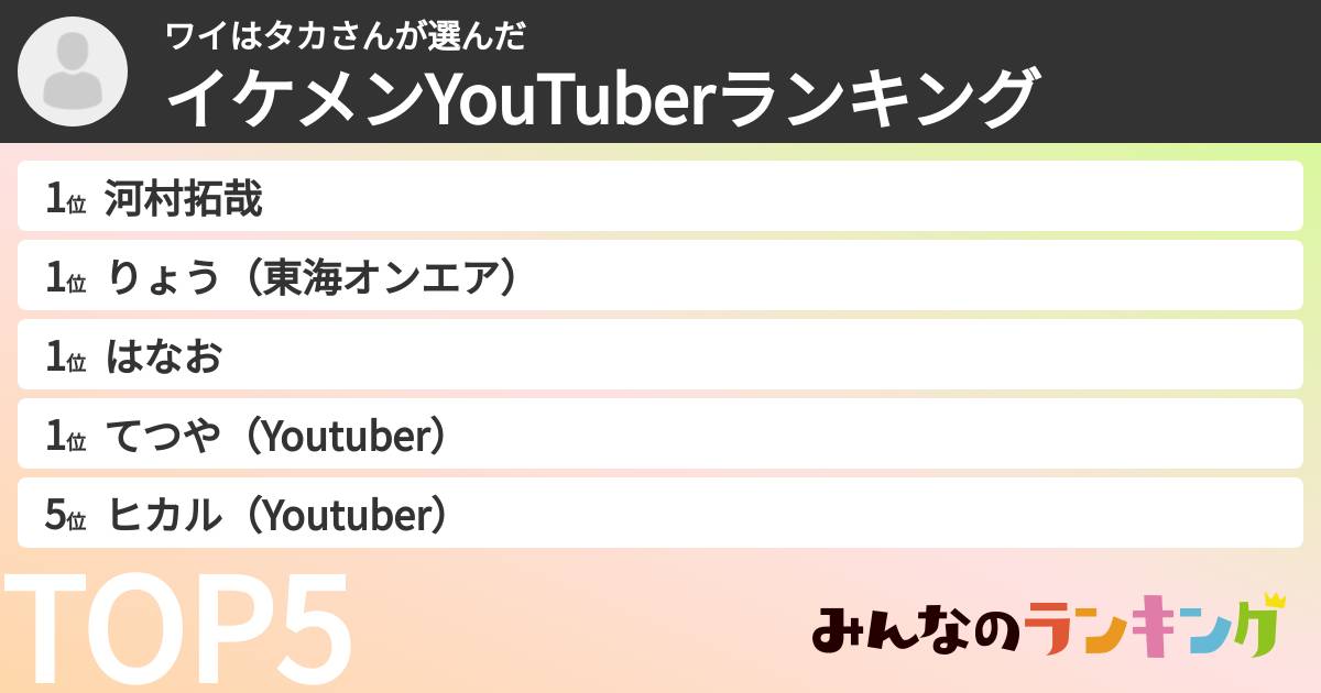 ワイはタカさんさんの「イケメンYouTuberランキング」