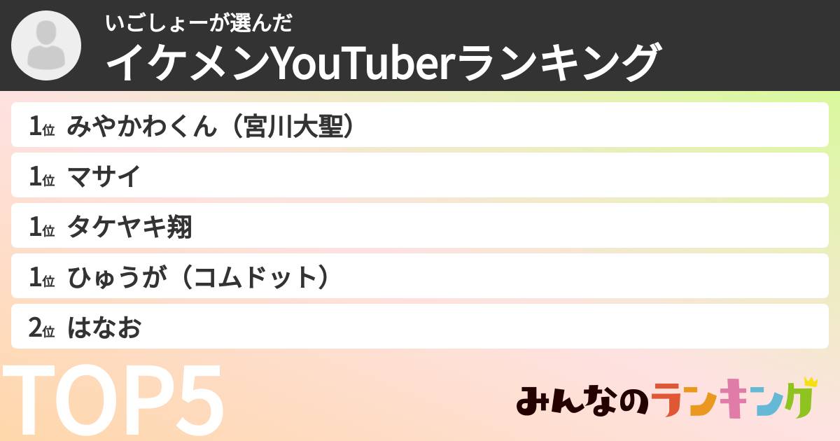 いごしょーさんの「イケメンYouTuberランキング」