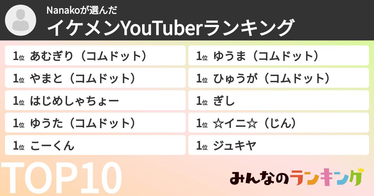 Nanakoさんの「イケメンYouTuberランキング」