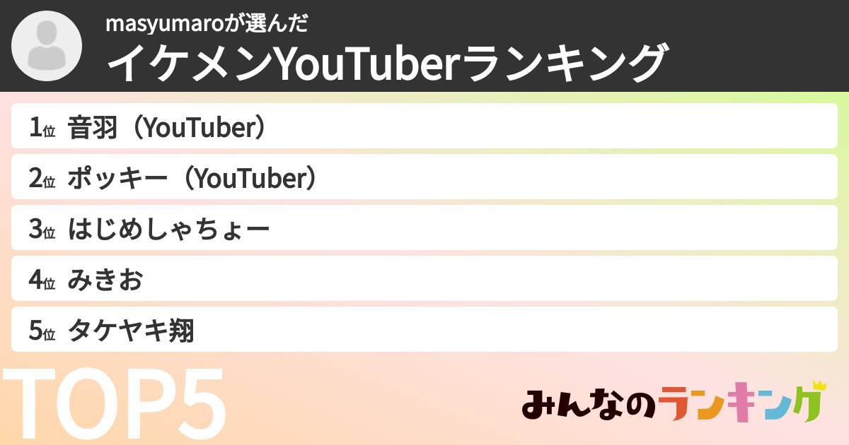 masyumaroさんの「イケメンYouTuberランキング」
