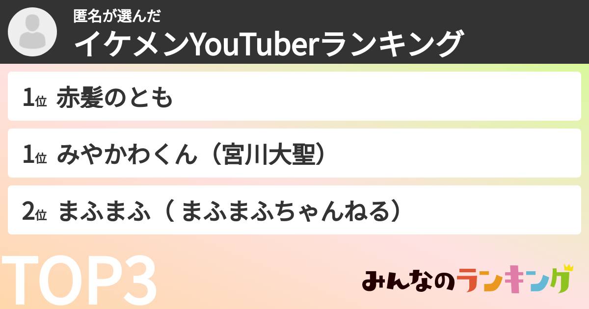 匿名さんの「イケメンYouTuberランキング」