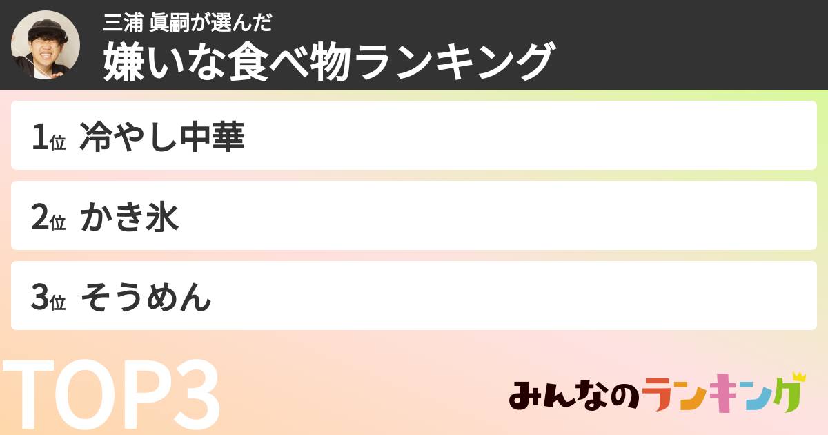 三浦 眞嗣さんの「嫌いな食べ物ランキング」