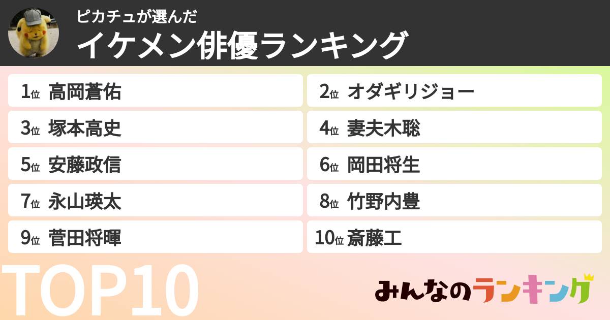 ピカチュさんの「イケメン俳優ランキング」