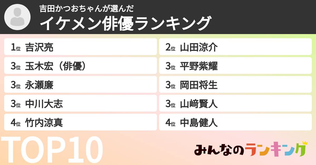 吉田かつおちゃんさんの「イケメン俳優ランキング」