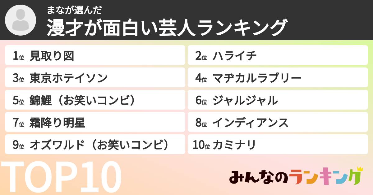 まなさんの「漫才が面白い芸人ランキング」