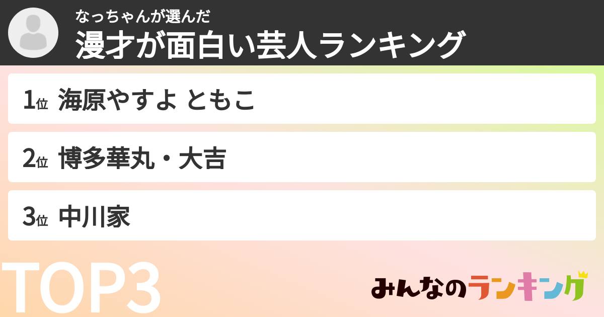 なっちゃんさんの「漫才が面白い芸人ランキング」