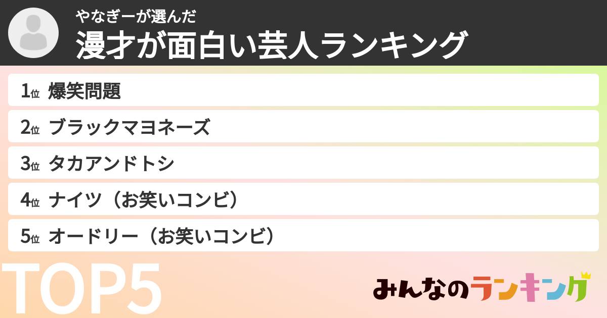 やなぎーさんの「漫才が面白い芸人ランキング」