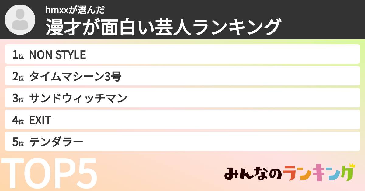 hmxxさんの「漫才が面白い芸人ランキング」