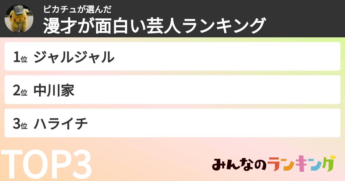 ピカチュさんの「漫才が面白い芸人ランキング」