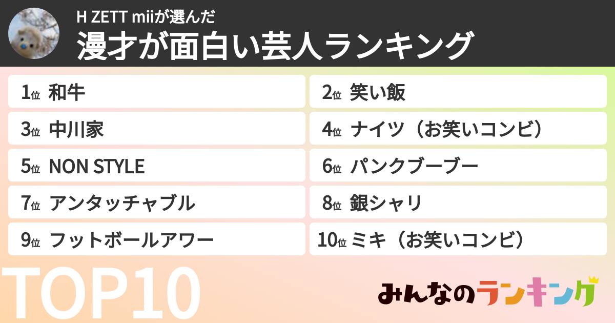 H ZETT miiさんの「漫才が面白い芸人ランキング」