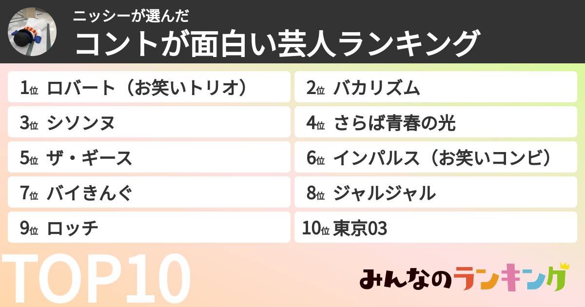 ニッシーさんの「コントが面白い芸人ランキング」