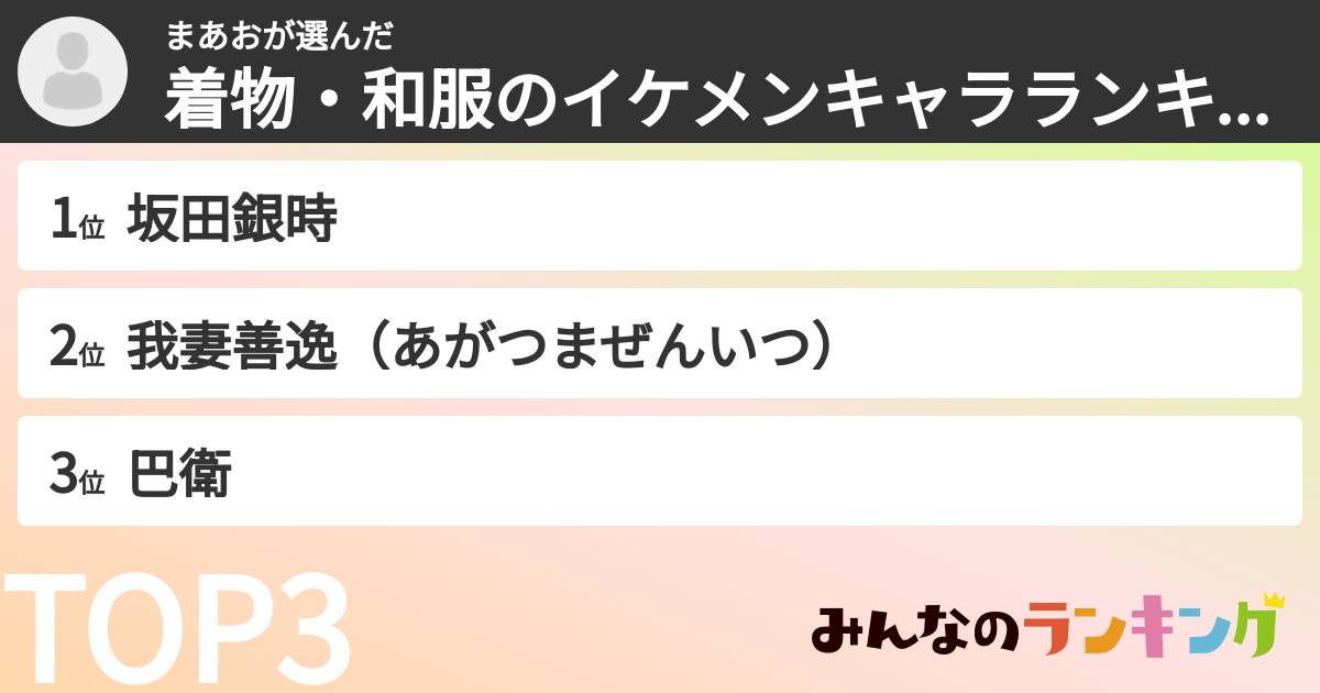 まあおさんの「着物・和服のイケメンキャラランキング」