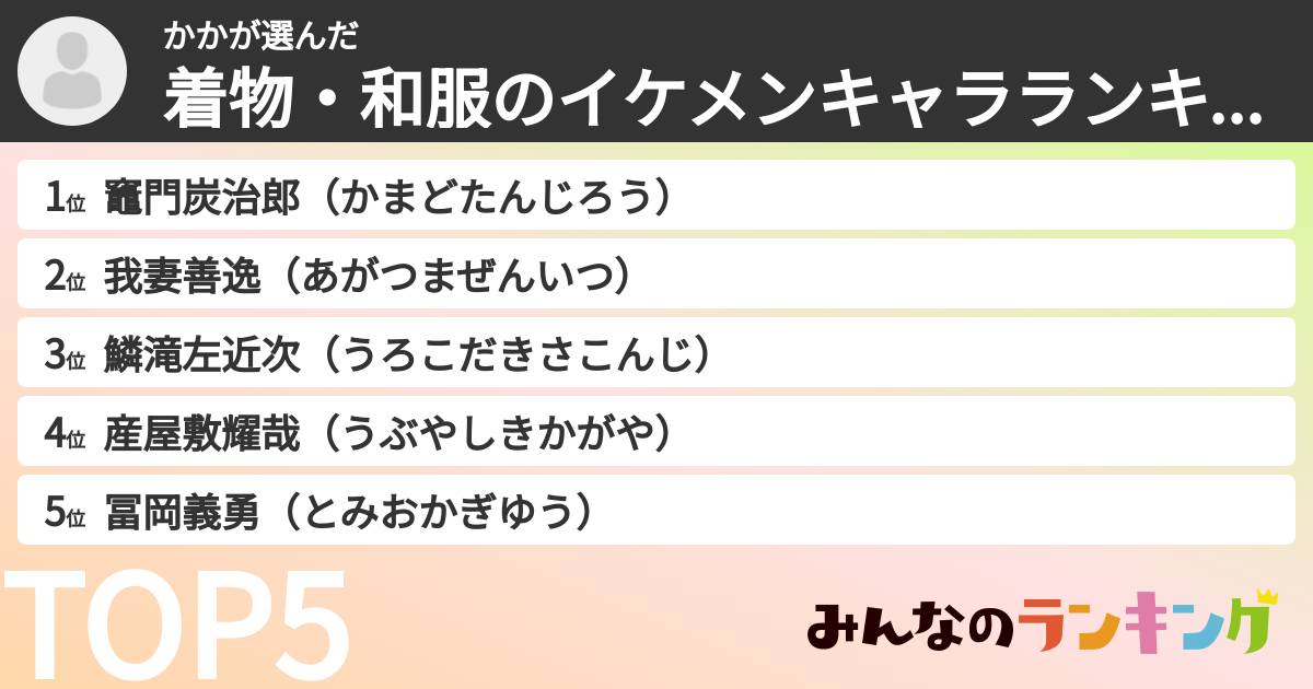 かかさんの「着物・和服のイケメンキャラランキング」