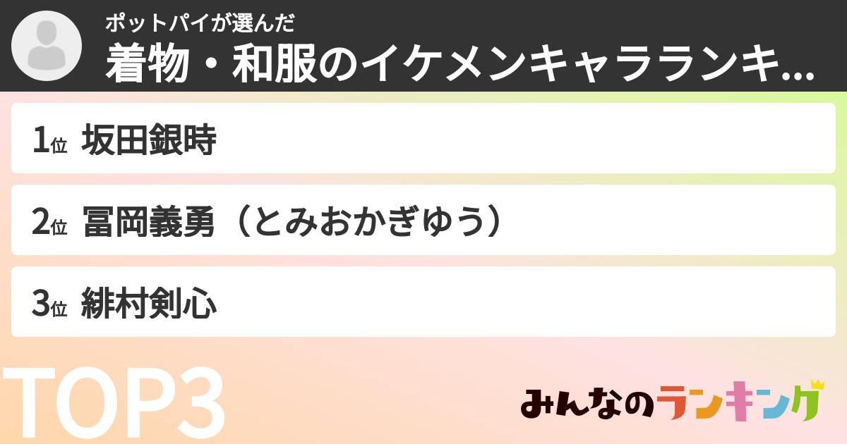 ポットパイさんの「着物・和服のイケメンキャラランキング」