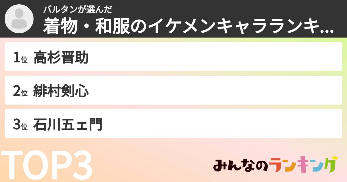 バルタンさんの「着物・和服のイケメンキャラランキング」