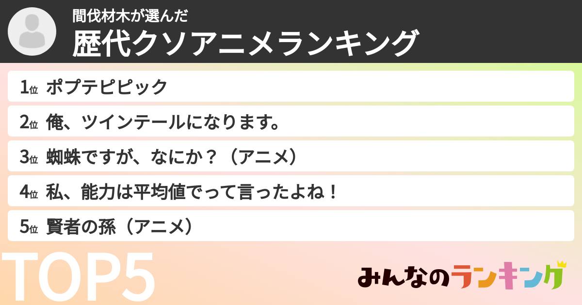間伐材木さんの「歴代クソアニメランキング」