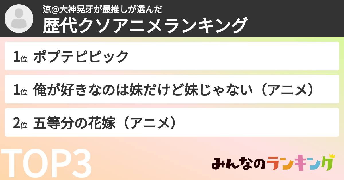 涼@大神晃牙が最推しさんの「歴代クソアニメランキング」
