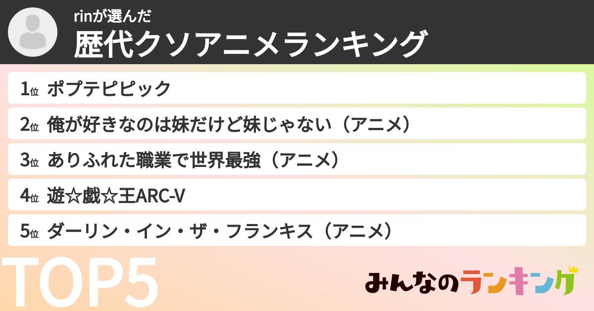 rinさんの「歴代クソアニメランキング」