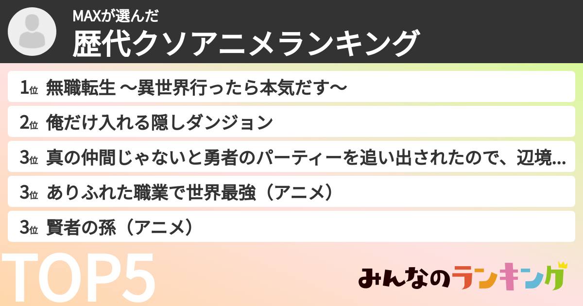 MAXさんの「歴代クソアニメランキング」