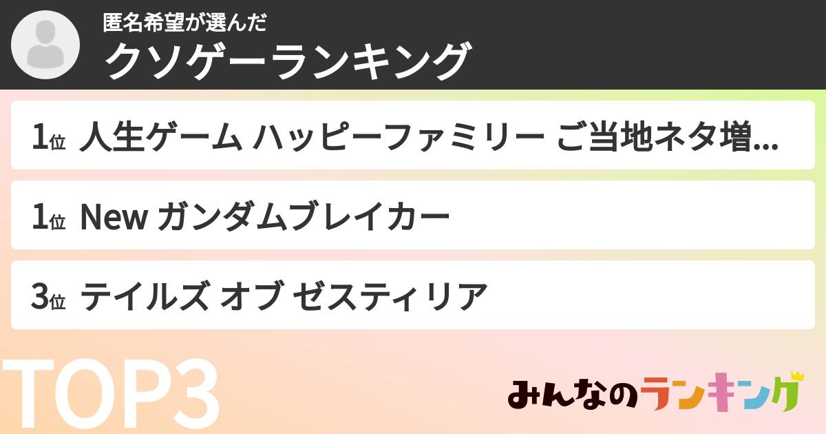 匿名希望さんの「クソゲーランキング」