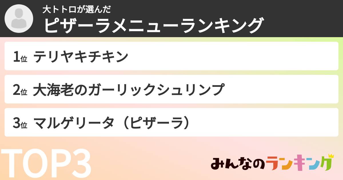 大トトロさんの「ピザーラメニューランキング」