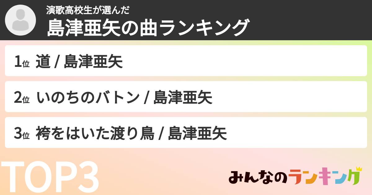 演歌高校生さんの「島津亜矢の曲ランキング」