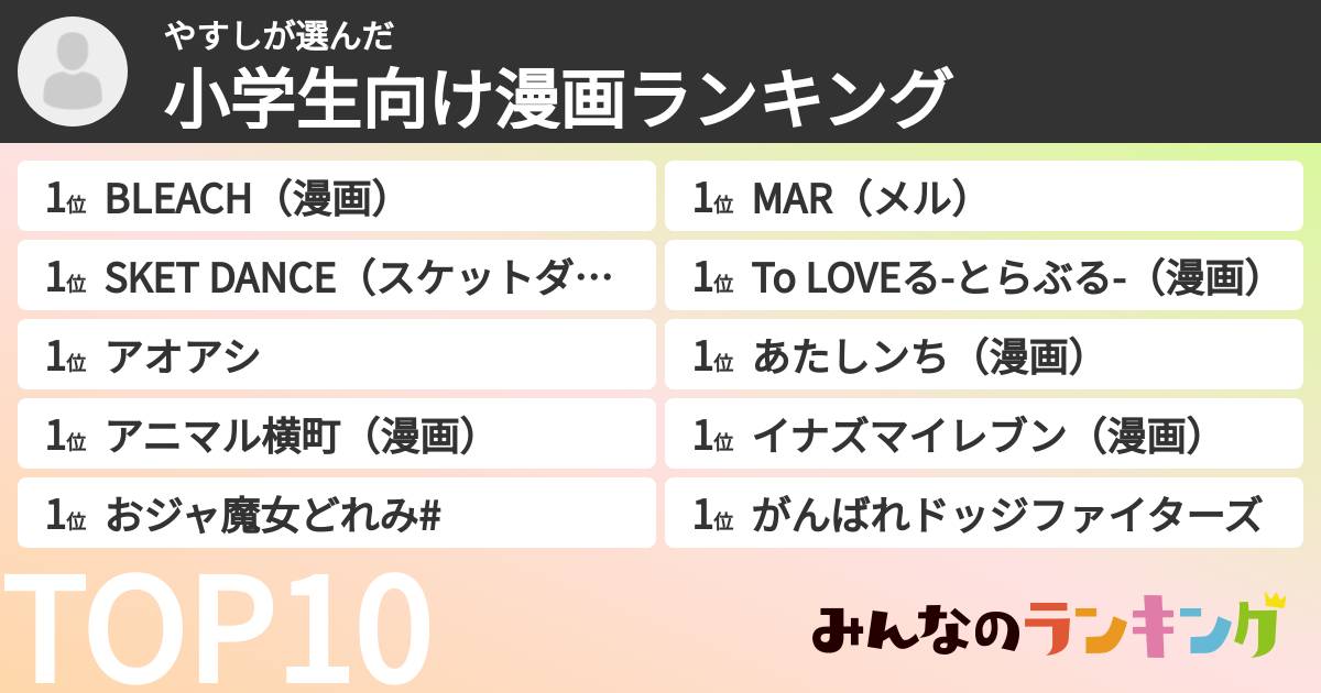 やすしさんの「小学生向け漫画ランキング」