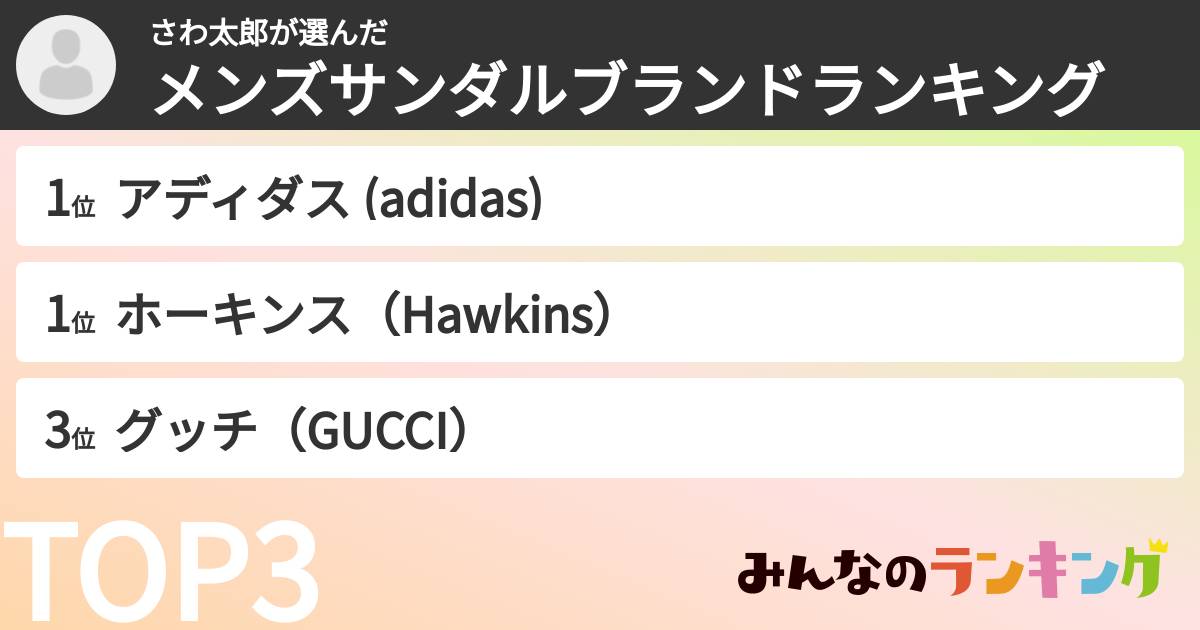 さわ太郎さんの「メンズサンダルブランドランキング」