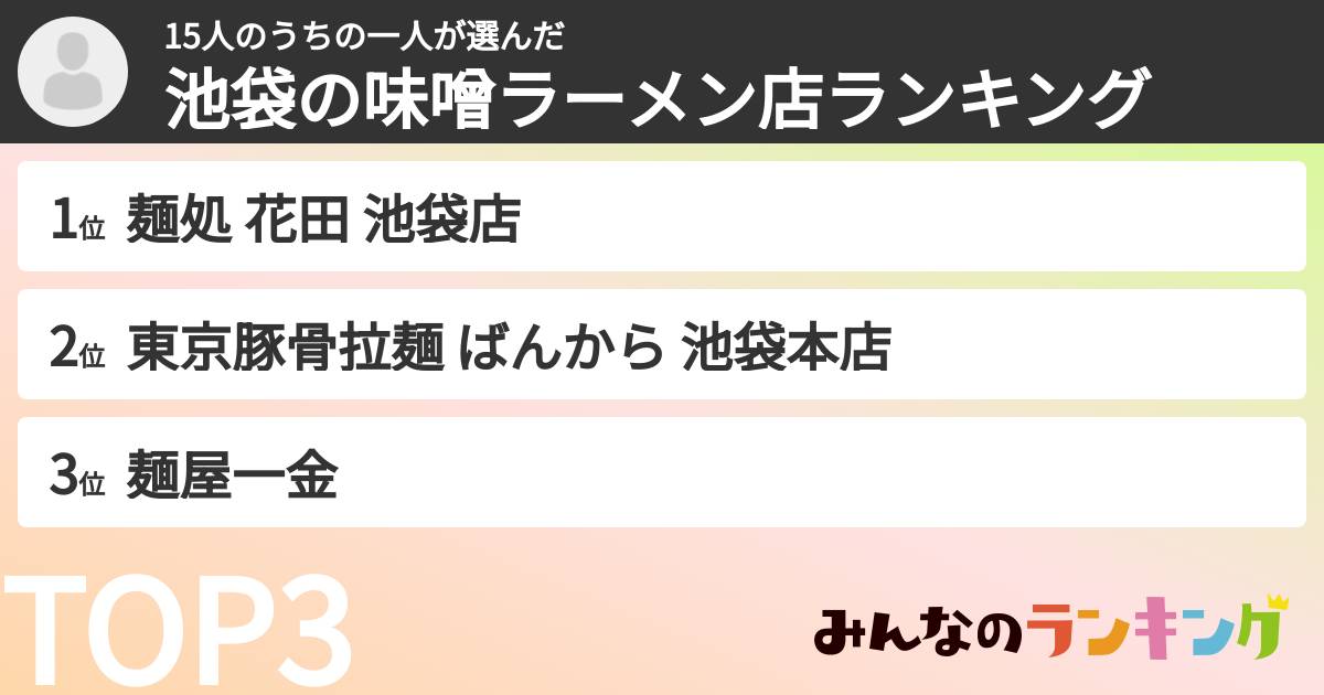 15人のうちの一人さんの「池袋の味噌ラーメン店ランキング」