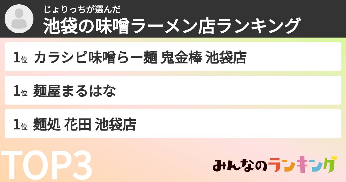 じょりっちさんの「池袋の味噌ラーメン店ランキング」