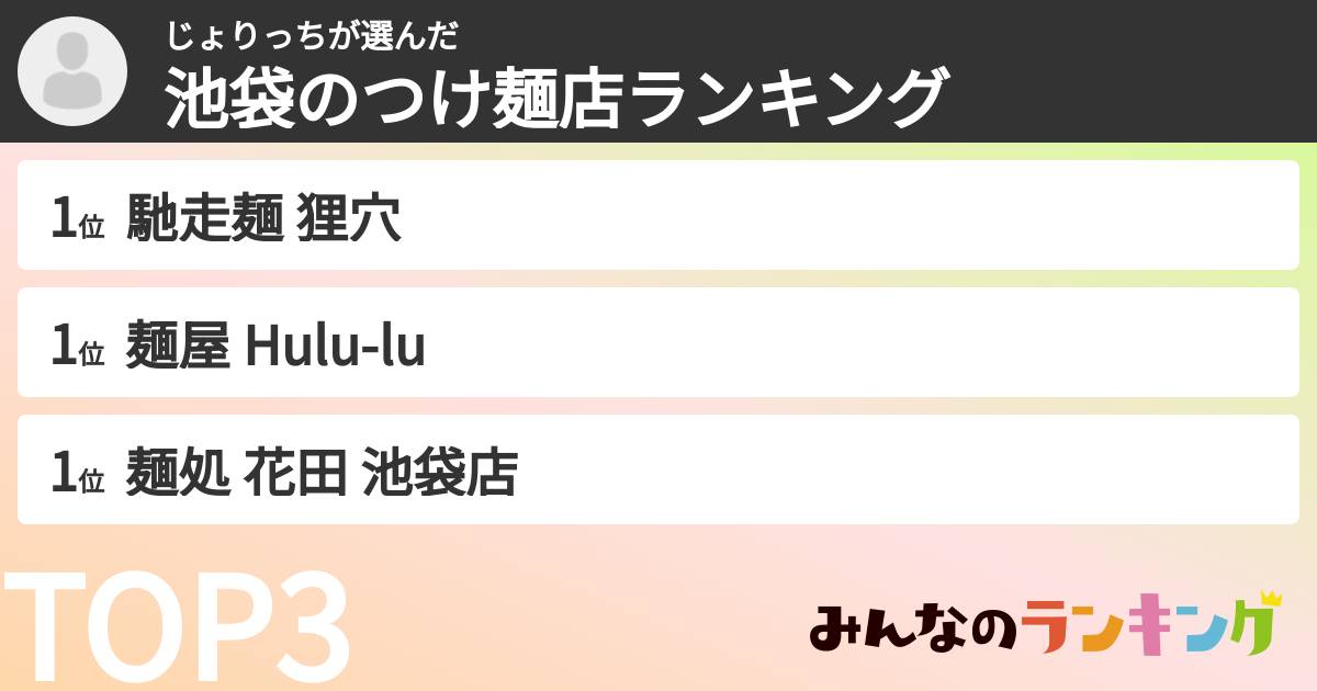 じょりっちさんの「池袋のつけ麺店ランキング」