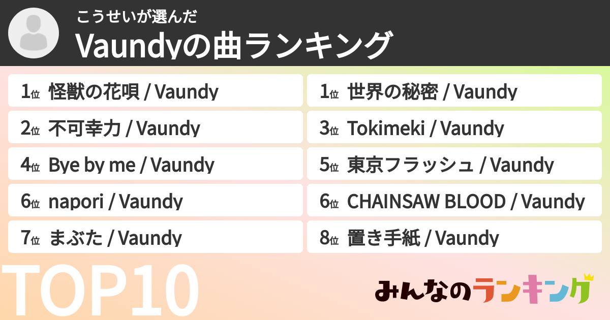 こうせいさんの「Vaundyの曲ランキング」