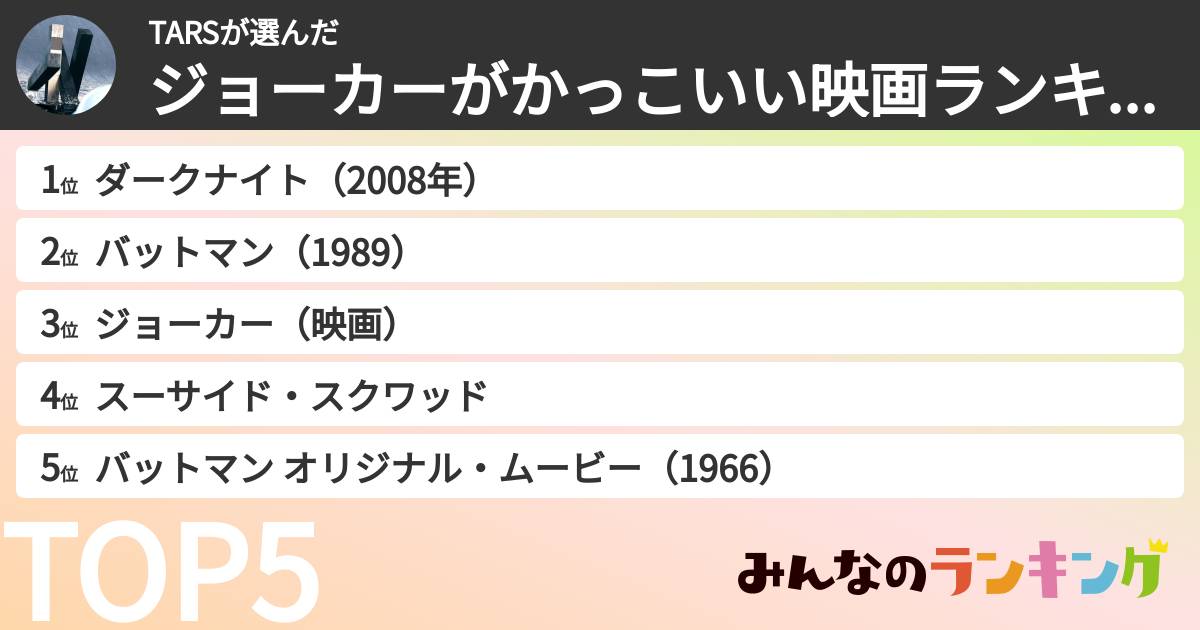 TARSさんの「ジョーカーがかっこいい映画ランキング」